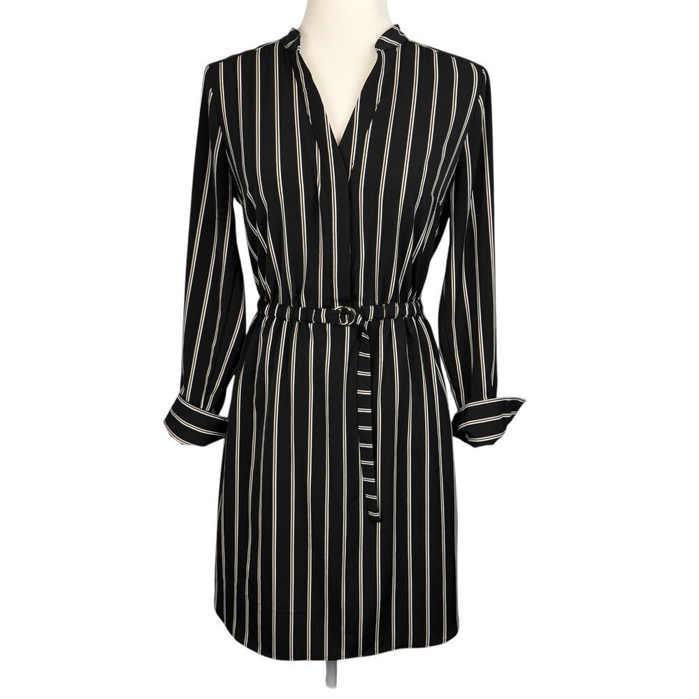 Black Striped Shirt Dress Knee Length Size 4 Young Professional Office Career